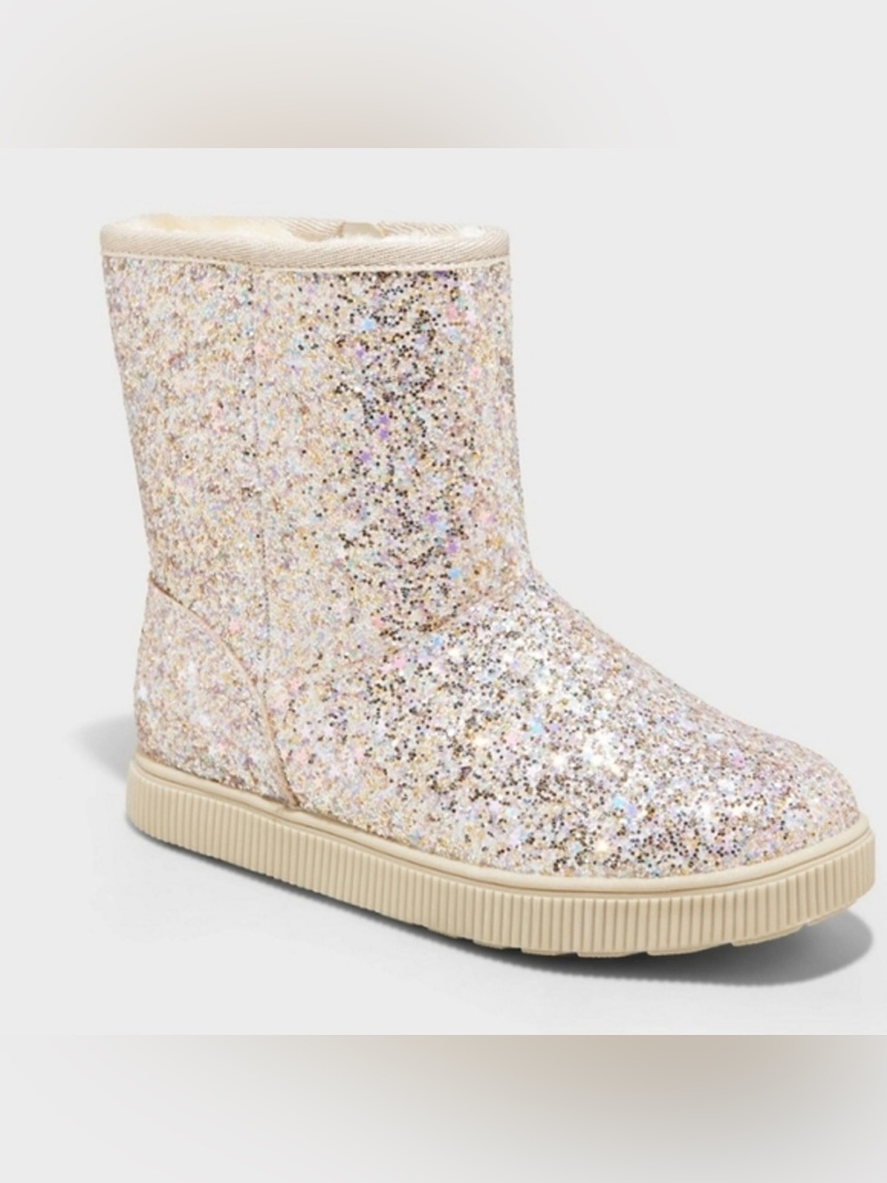 Cat & Jack Girls Glitter Pull-On Gold Boots with fur shearling lining 12T